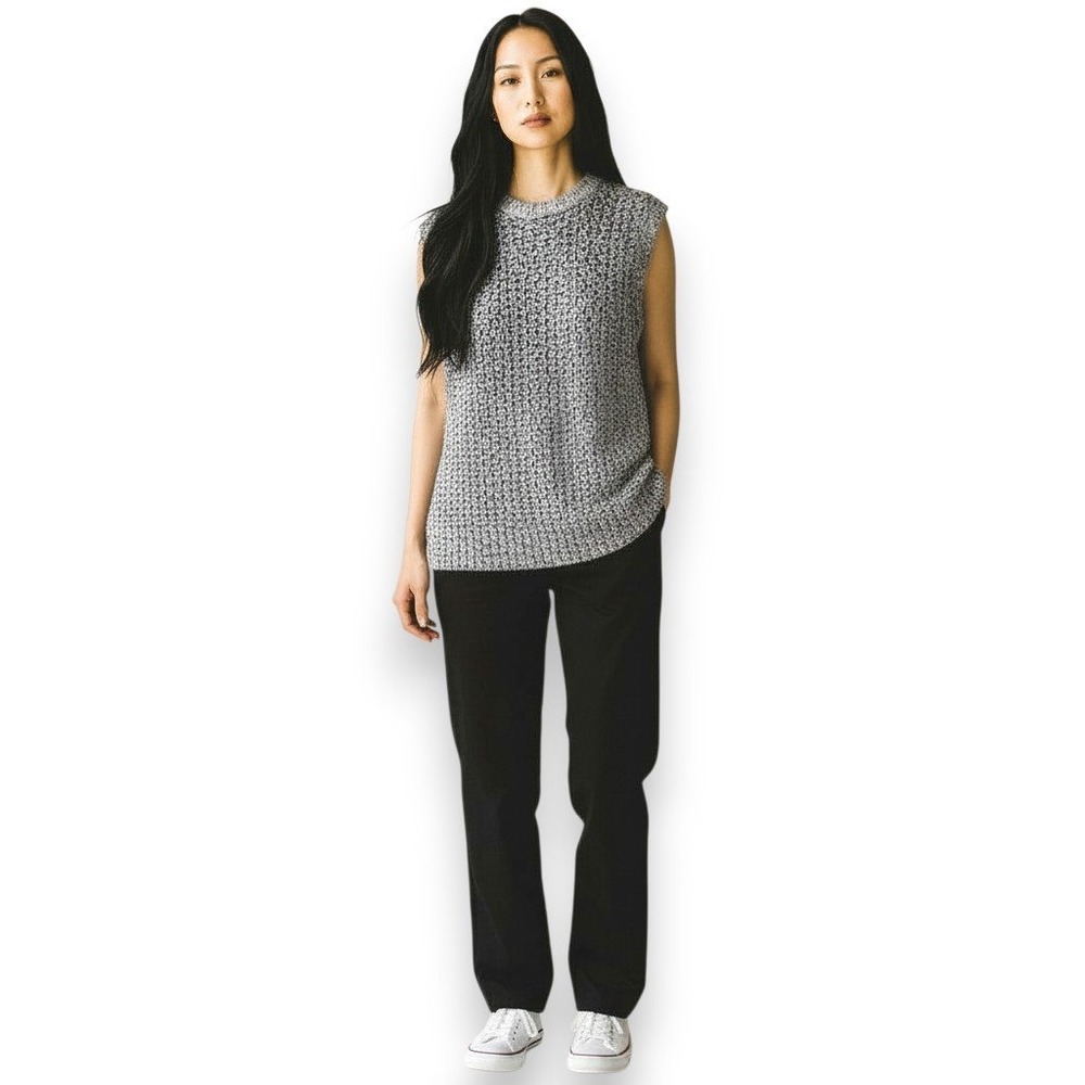 Theory Womens Sleeveless Knit Top Sz M White Black Textured‎ Tank Dressy Casual